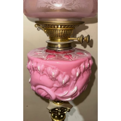 222 - Antique Brass Corinthian Column Oil Lamp on Decorative Stepped Plinth with Handpainted Pink Glass Re... 