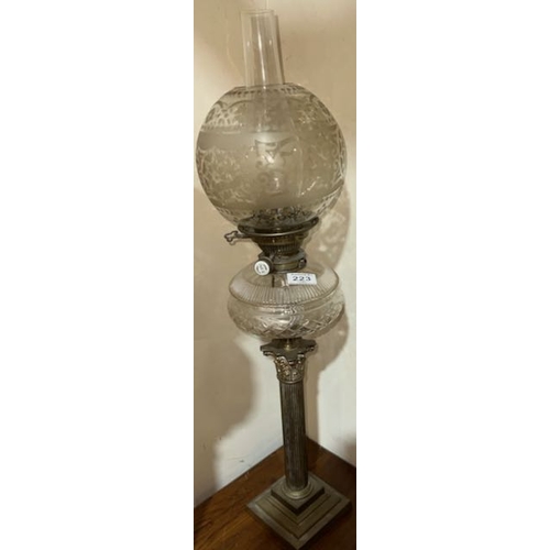 223 - Antique Brass Corinthian Column Clear Glass Reservoir Oil Lamp with Hink's No.2 Burner & Clear Etche... 