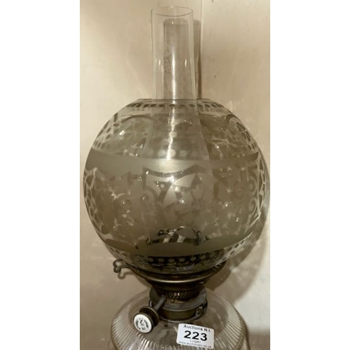 223 - Antique Brass Corinthian Column Clear Glass Reservoir Oil Lamp with Hink's No.2 Burner & Clear Etche... 