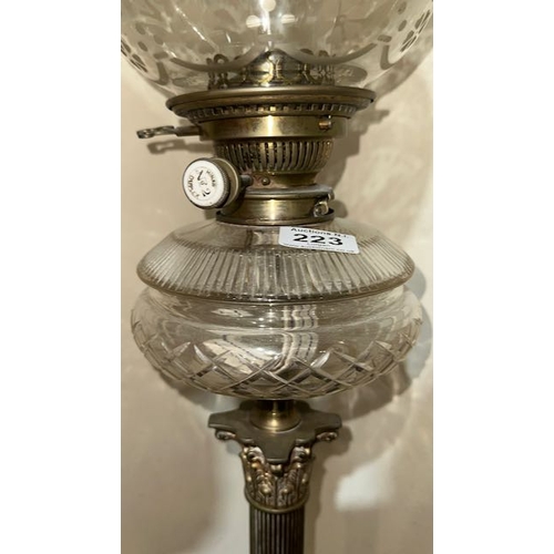 223 - Antique Brass Corinthian Column Clear Glass Reservoir Oil Lamp with Hink's No.2 Burner & Clear Etche... 