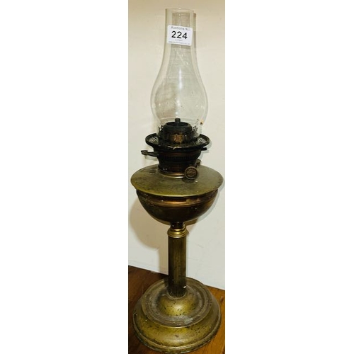 224 - Antique Brass Column Oil Lamp with Brass Well & 45GP Hink's Bham Burner