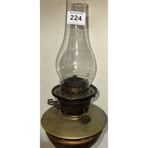 224 - Antique Brass Column Oil Lamp with Brass Well & 45GP Hink's Bham Burner