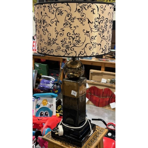 247 - Large Ornate Bronze Tone Table Lamp With Black & Gold Shade