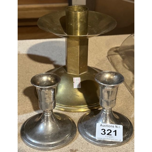 321 - Large Brass Candlestick + Pair Of Candlesticks