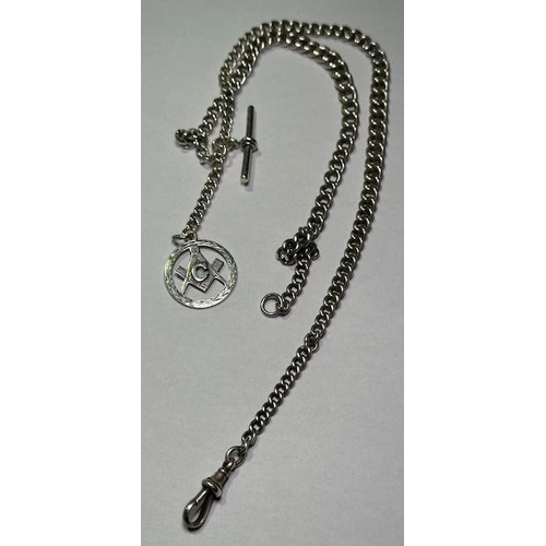 340 - Antique Silver Albert Chain, Each Link & T-Bar Hallmarked with Silver Masonic Pendant