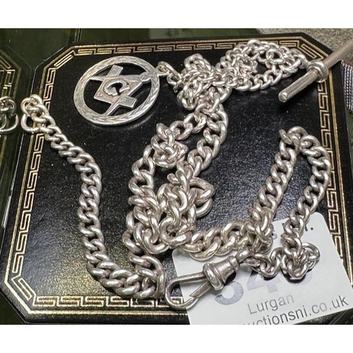 340 - Antique Silver Albert Chain, Each Link & T-Bar Hallmarked with Silver Masonic Pendant