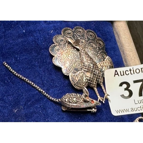 371 - Vintage Sterling Peacock Brooch + Marcasite Style Mouse Brooch with Red Eyes