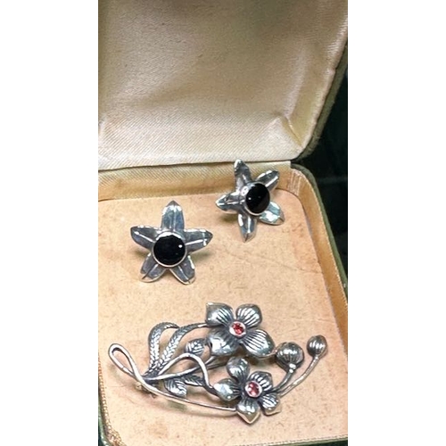 399 - Silver Brooch + Pair of Silver Earrings