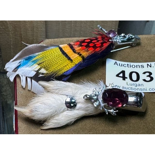 403 - Rabbits Foot + Feather Brooches