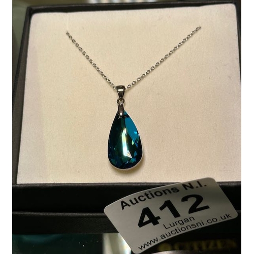 412 - Silver Necklace with Blue Crystal Style Pendant