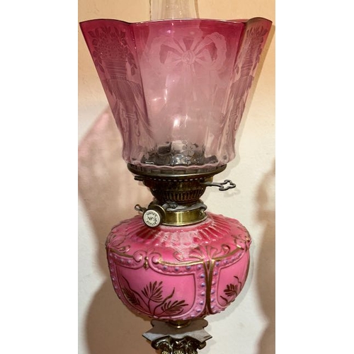 426 - Antique Brass Corinthian Based Oil Lamp with Ornate Hand Painted Pink Glass Reservoir with Hinks Bur... 