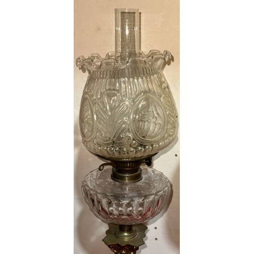 427 - Antique Brass Corinthian Based Oil Lamp with Ornate Clear Glass Reservoir & Clear Glass Fluted Shade