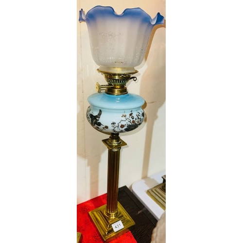 431 - Antique Brass Corinthian Based Oil Lamp with Ornate Scened Blue Glass Reservoir & Frosted Blue Tippe... 