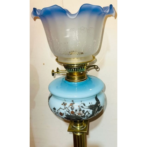 431 - Antique Brass Corinthian Based Oil Lamp with Ornate Scened Blue Glass Reservoir & Frosted Blue Tippe... 