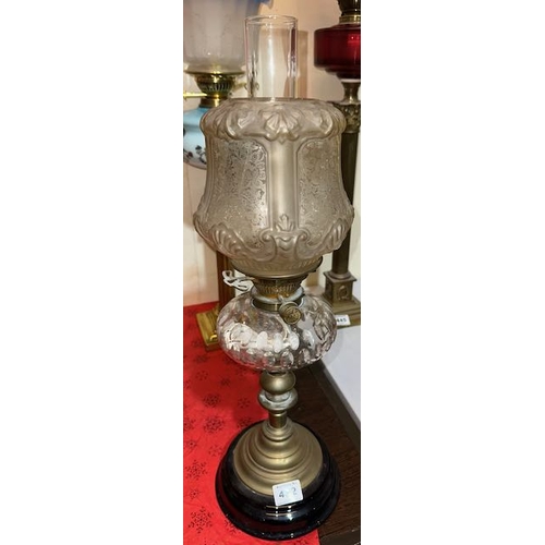 432 - Antique Brass Corinthian Based Oil Lamp with Clear Glass Reservoir & Clear Glass Etched Shade