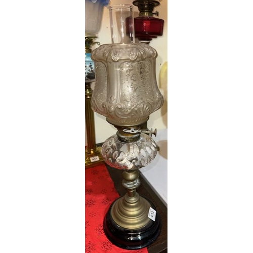 432 - Antique Brass Corinthian Based Oil Lamp with Clear Glass Reservoir & Clear Glass Etched Shade