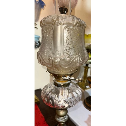 432 - Antique Brass Corinthian Based Oil Lamp with Clear Glass Reservoir & Clear Glass Etched Shade