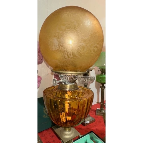 437 - Antique Brass & Onyx Column Based Oil Lamp with Amber Glass Reservoir & Etched Amber Shade