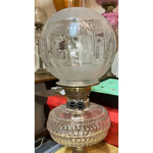 438 - Antique Brass Based Oil Lamp on Plinth with Clear Glass Reservoir & Frosted Globe Shade with Burroch... 