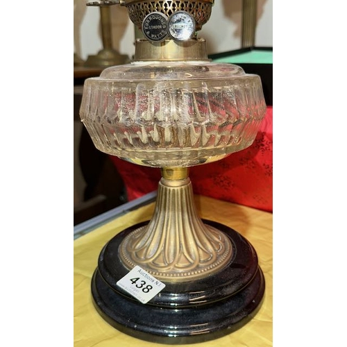 438 - Antique Brass Based Oil Lamp on Plinth with Clear Glass Reservoir & Frosted Globe Shade with Burroch... 