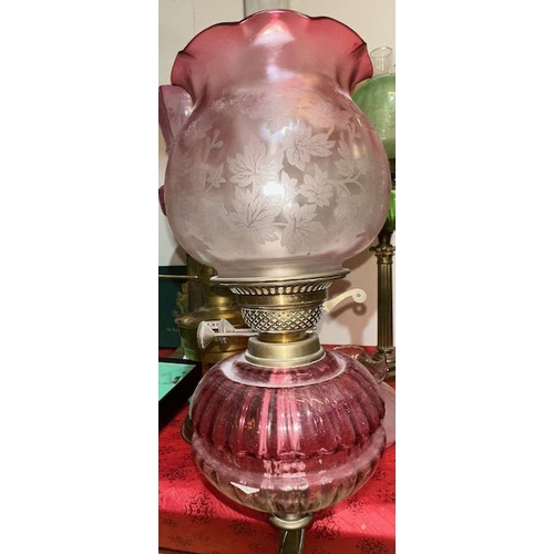 439 - Antique Brass Column Based Oil Lamp with Cranberry Glass Reservoir & Cranberry Frosted Glass Fluted ... 