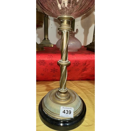 439 - Antique Brass Column Based Oil Lamp with Cranberry Glass Reservoir & Cranberry Frosted Glass Fluted ... 