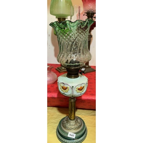 440 - Antique Brass Corinthian Column Based Oil Lamp on Green Ceramic Plinth with Beautiful Coloured Detai... 