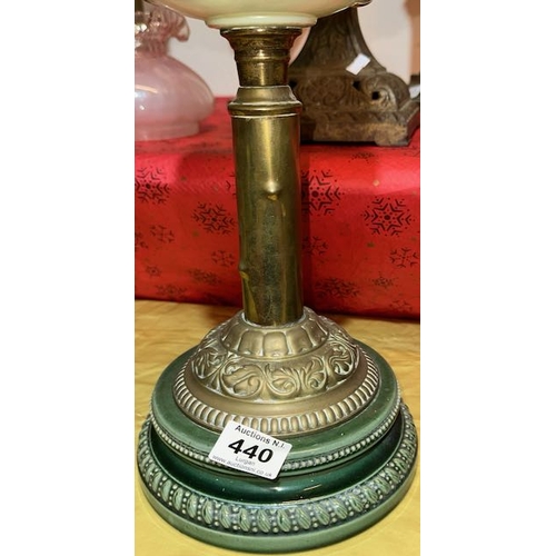 440 - Antique Brass Corinthian Column Based Oil Lamp on Green Ceramic Plinth with Beautiful Coloured Detai... 