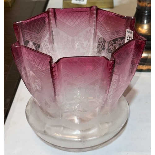 442 - Beautiful Cranberry Frosted Glass Etched Detail Shade (with damage as pictured)