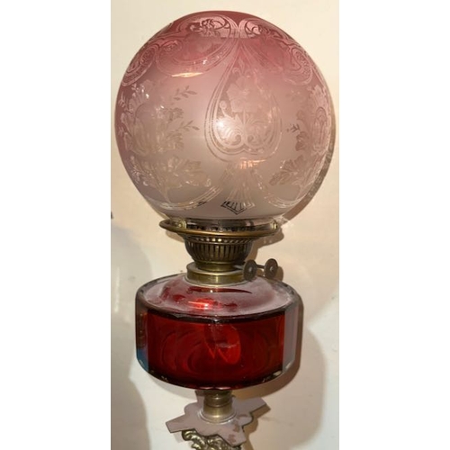 445 - Antique Brass Corinthian Column Based Oil Lamp with Ruby Glass Reservoir & Frosted Etched Cranberry ... 