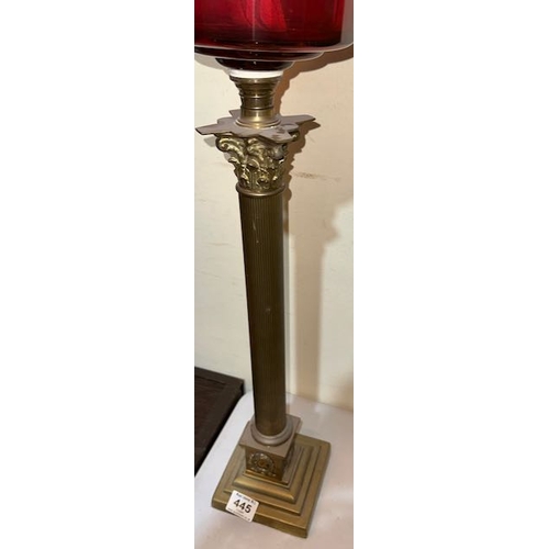 445 - Antique Brass Corinthian Column Based Oil Lamp with Ruby Glass Reservoir & Frosted Etched Cranberry ... 