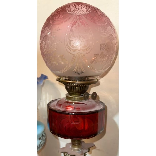 445 - Antique Brass Corinthian Column Based Oil Lamp with Ruby Glass Reservoir & Frosted Etched Cranberry ... 