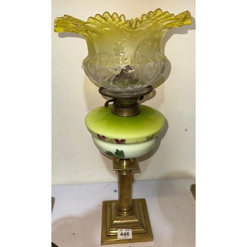 446 - Antique Brass Corinthian Column Based Oil Lamp with Hand Painted Green Glass Reservoir & Beautiful O... 