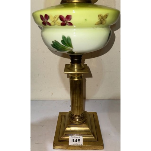 446 - Antique Brass Corinthian Column Based Oil Lamp with Hand Painted Green Glass Reservoir & Beautiful O... 