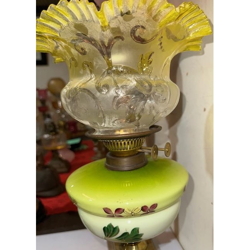 446 - Antique Brass Corinthian Column Based Oil Lamp with Hand Painted Green Glass Reservoir & Beautiful O... 