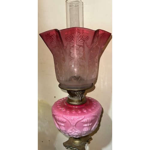 447 - Antique Brass Corinthian Column Oil Lamp with Pink Glass Reservoir & Cranberry Etched Fluted Shade