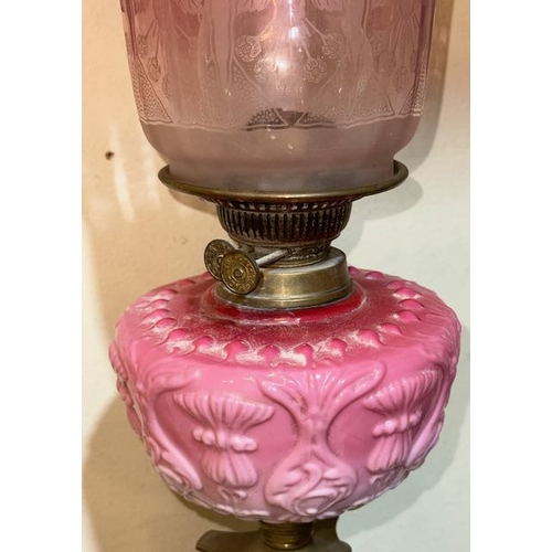 447 - Antique Brass Corinthian Column Oil Lamp with Pink Glass Reservoir & Cranberry Etched Fluted Shade