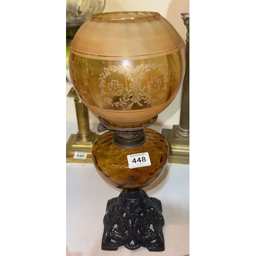 448 - Antique Cast Based Oil Lamp with Amber Glass Well and Frosted Amber Glass Globe