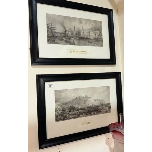 451 - Pair of Black Framed Vintage Styled Prints - Port of London - The Custom House & Buildings Looking W... 