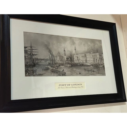 451 - Pair of Black Framed Vintage Styled Prints - Port of London - The Custom House & Buildings Looking W... 