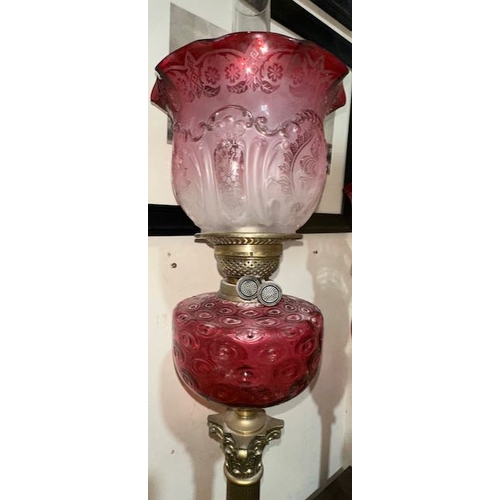 552 - Antique Brass Corinthian Column Oil Lamp with Ruby Glass Reservoir & Frosted Cranberry Fluted Shade