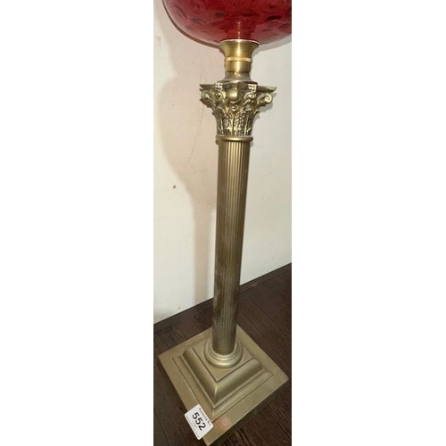 552 - Antique Brass Corinthian Column Oil Lamp with Ruby Glass Reservoir & Frosted Cranberry Fluted Shade