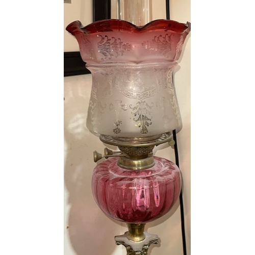 553 - Antique Brass Corinthian Column Oil Lamp with Cranberry Reservoir & Etched Cranberry Fluted Shade