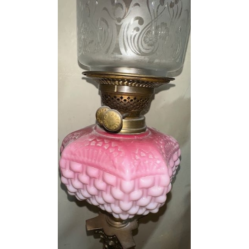 558 - Antique Brass Corinthian Column Oil Lamp with Pink Glass Reservoir & Frosted Cranberry Fluted Shade