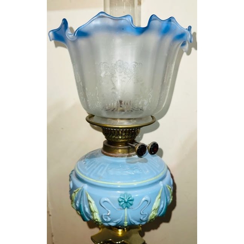 560 - Antique Brass Corinthian Column Oil Lamp with Blue Glass Reservoir with Young's Burner & Frosted Blu... 