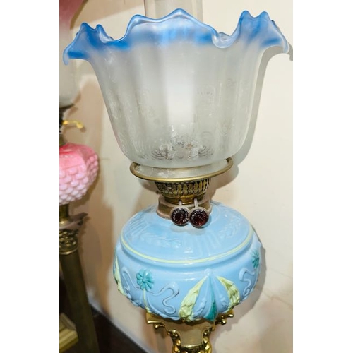 560 - Antique Brass Corinthian Column Oil Lamp with Blue Glass Reservoir with Young's Burner & Frosted Blu... 