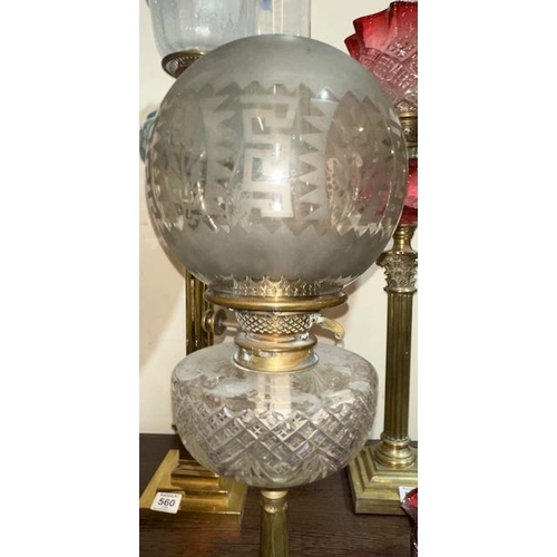 561 - Antique Brass Column Oil Lamp with Clear Glass Reservoir & Hink's Burner and Frosted Globe