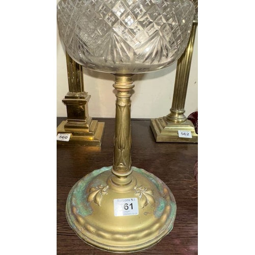 561 - Antique Brass Column Oil Lamp with Clear Glass Reservoir & Hink's Burner and Frosted Globe