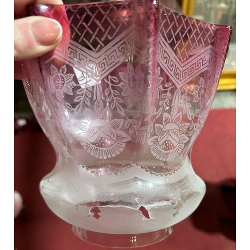 442 - Beautiful Cranberry Frosted Glass Etched Detail Shade (with damage as pictured)