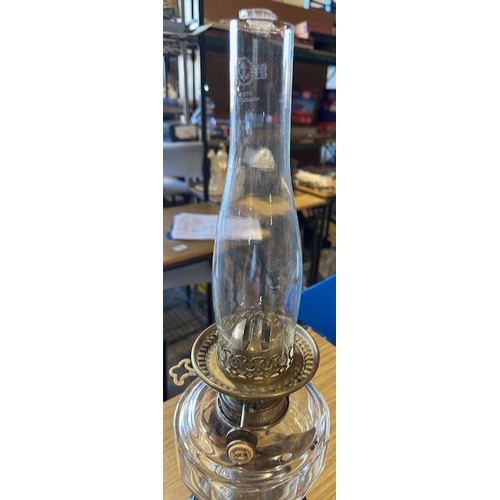 582A - Antique Brass Column Oil Lamp with Clear Glass Reservoir & Hink's Burner